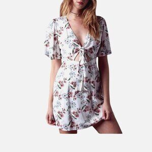 COTTON CANDY LA WOMENS WHITE FLORAL MINI DRESS SHORT SLEEVE TYE FRONT SIZE SMALL